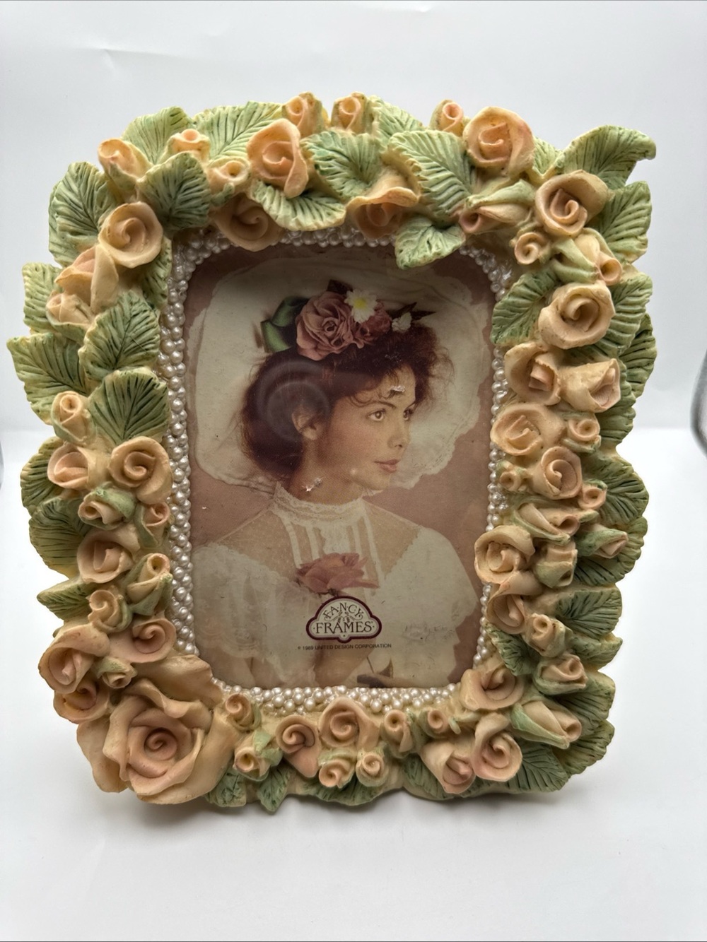 Vintage 1989 Picture Photo Frame Hand Painted Raised Pink Roses Cottagecore